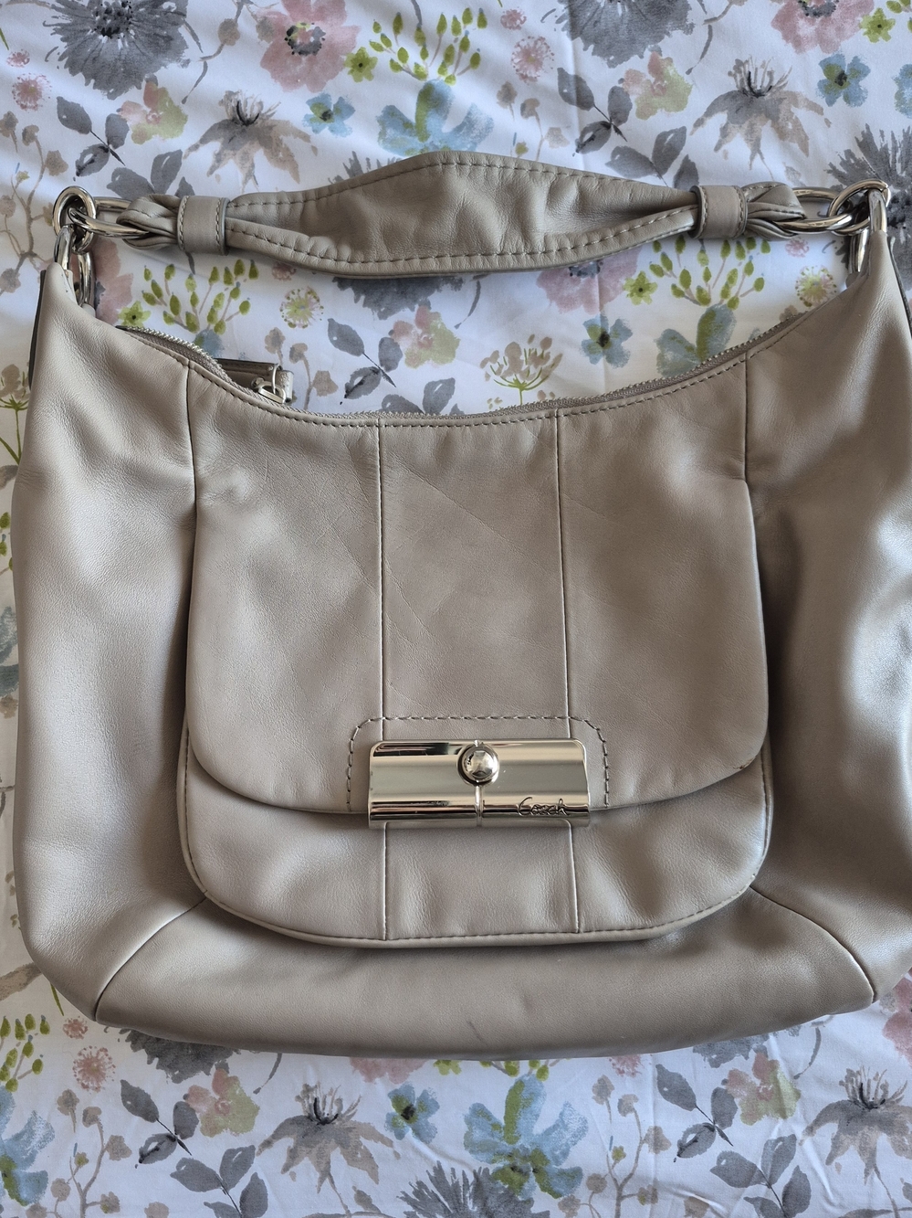 Coach Leather Shoulder Bag in Taupe with Silver Turn-Lock